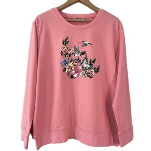 New Penmans Pink Flowers Birds Pullover Sweatshirt- Size XL (bin 2G)